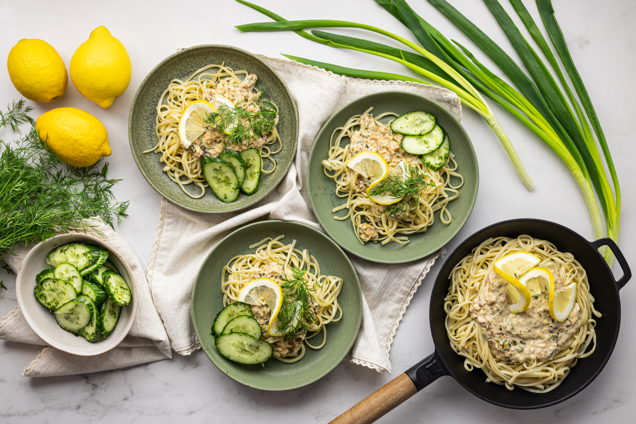 Creamy wild fish pasta & Grandma-style cucumber salad