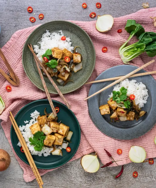 Smoked Tofu with Jasmine Rice, Pak Choi, and Chili in Asian Style