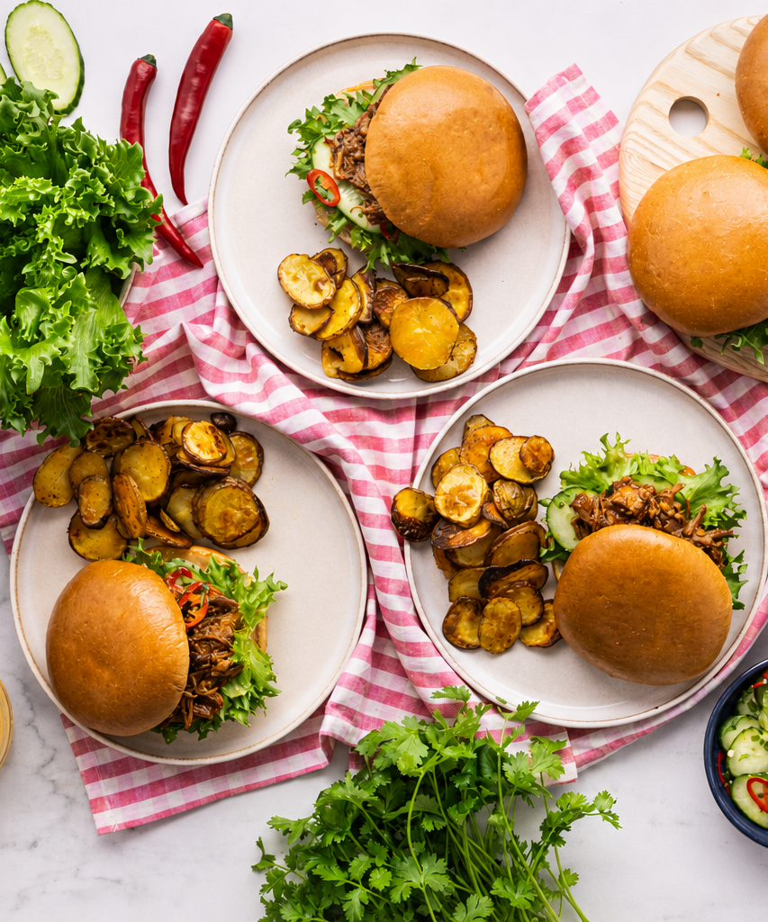 Burgery s trhaným bravčovým mäsom, pečenými zemiakmi, čedarom a farmárskou omáčkou & Craft Nealko IPA