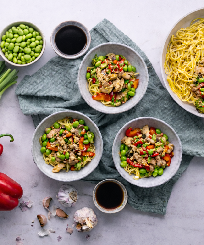 Kuřecí nudličky v tamari omáčce s edamame, vaječnými nudlemi a sezamem