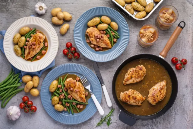 Chicken with Green Beans, Bacon and Grenaille & Pear Dessert with Salted Caramel