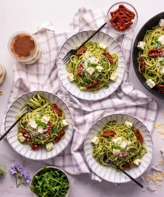Pesto cestoviny so sušenými paradajkami, rukolou a dvoma druhmi syra & Tiramisu