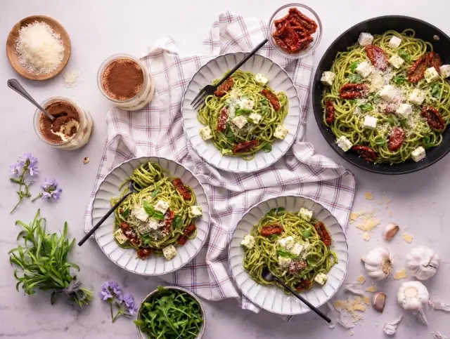 Pesto Pasta with Sun-Dried Tomatoes, Arugula and Two Types of Cheese & Tiramisu