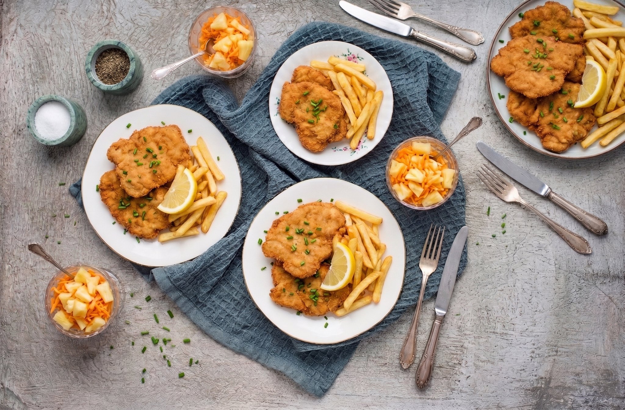 Crispy Chicken Schnitzels with Homemade Fries and Carrot-Pineapple Salad