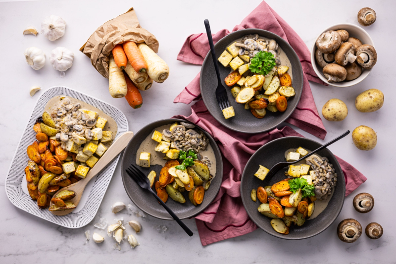 Baked Tofu with Root Vegetables and Creamy Mushroom Sauce