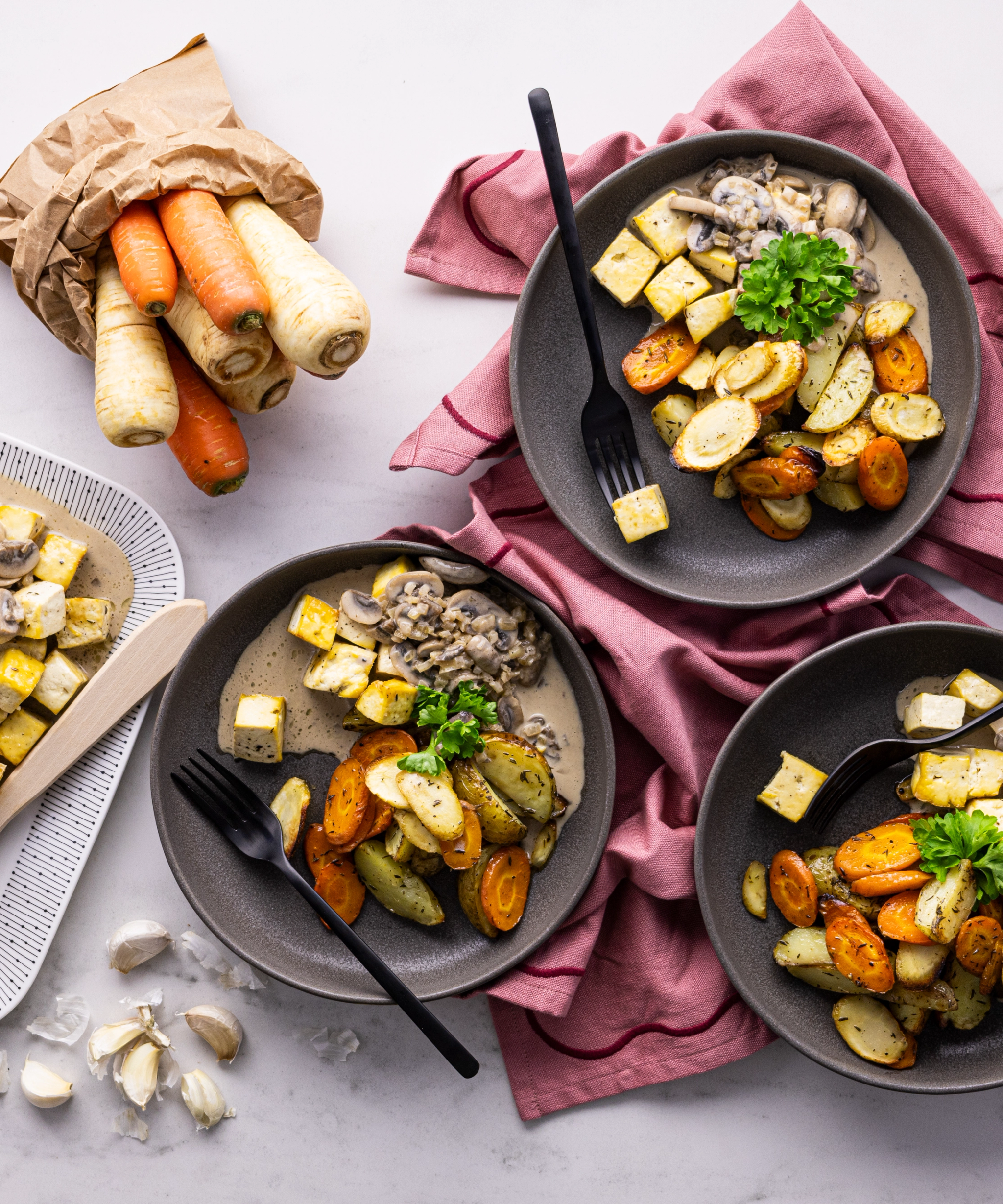 Baked Tofu with Root Vegetables and Creamy Mushroom Sauce