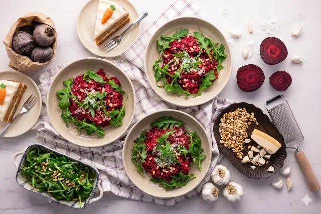 Beetroot Risotto with Rocket, Goat Cheese and Pine Nuts & 2 Carrot Cake Slices