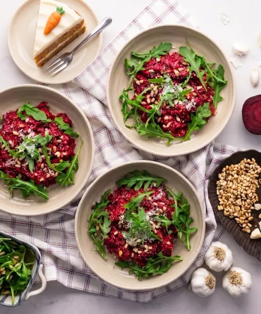 Beetroot Risotto with Rocket, Goat Cheese and Pine Nuts & 2 Carrot Cake Slices