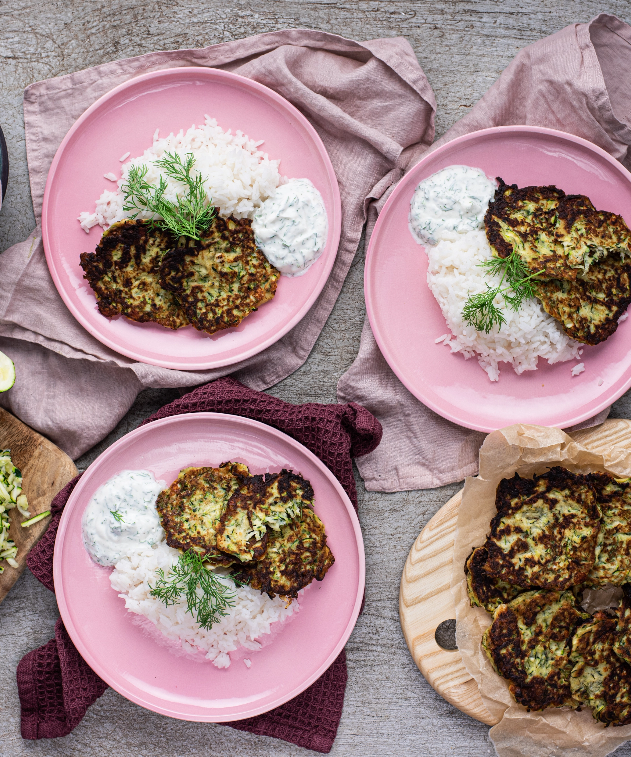 Crispy Zucchini Fritters with Feta, Rice & Dill Yogurt Sauce