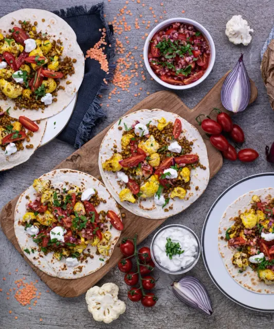 Tacos with Roasted Cauliflower, Lentils & Salsa