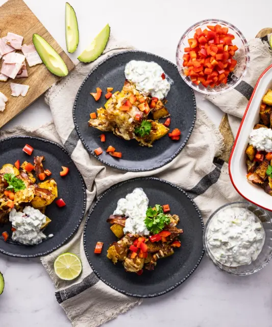 One-Pan Tray Bake with Roasted Bacon, Beans & Sour Cream