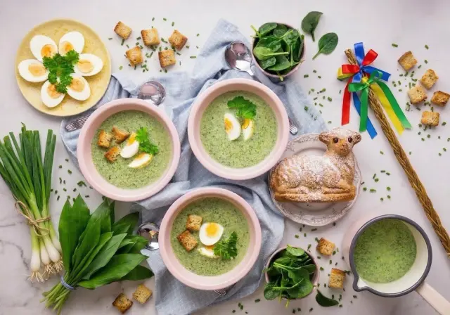 Easter Creamy Soup with Wild Garlic, Egg and Croutons