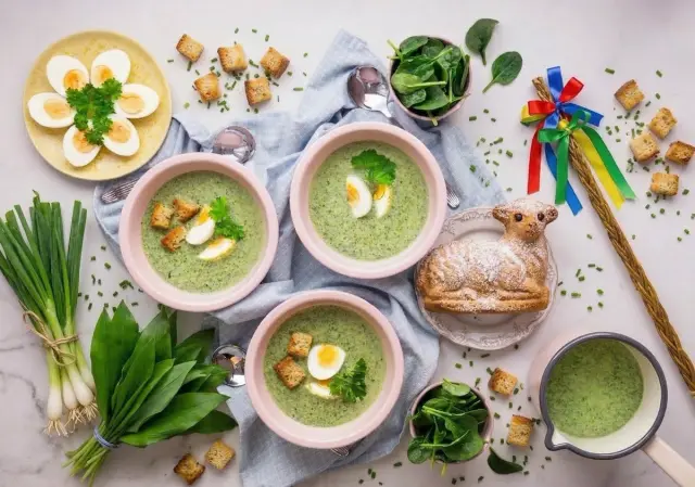 Easter Creamy Soup with Wild Garlic, Egg and Croutons