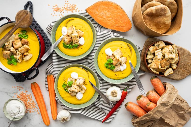 Warming Sweet Potato and Lentil Soup & Roasted Croutons