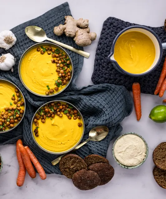 Coconut Cream Soup from Roasted Carrots with Hummus and Organic Rye Bread