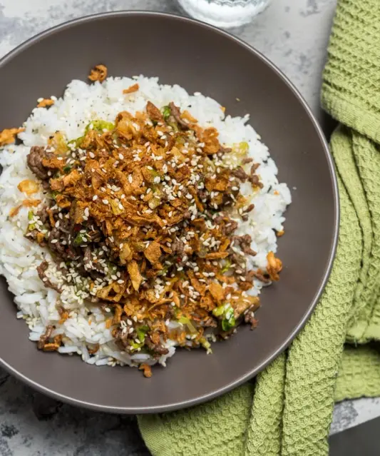 Rice Bowl with Hoisin Minced Meat & Mushrooms