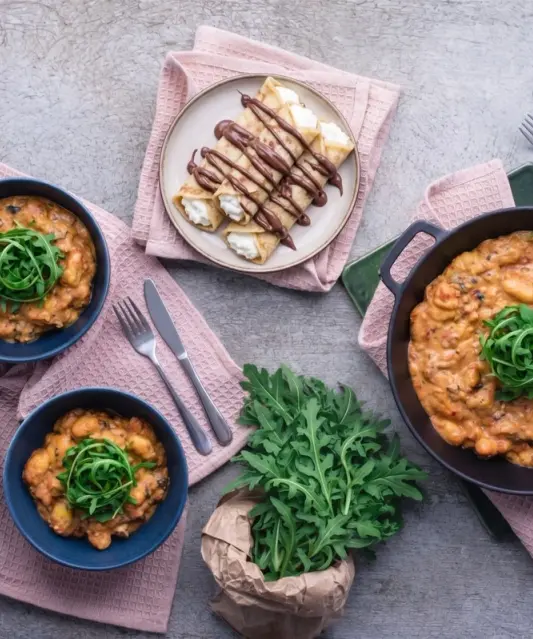 Gnocchi v paradajkovo-ricottovom peste s kuracím mäsom & palacinky s tvarohom a Nutellou