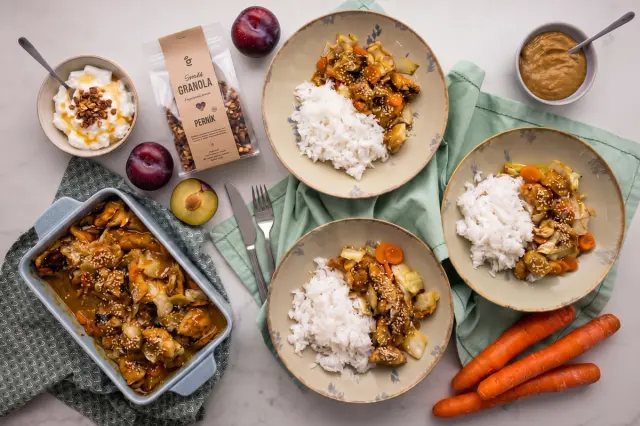Sesame Miso Chicken with Rice & Gingerbread Granola with Honey Quark and Plums