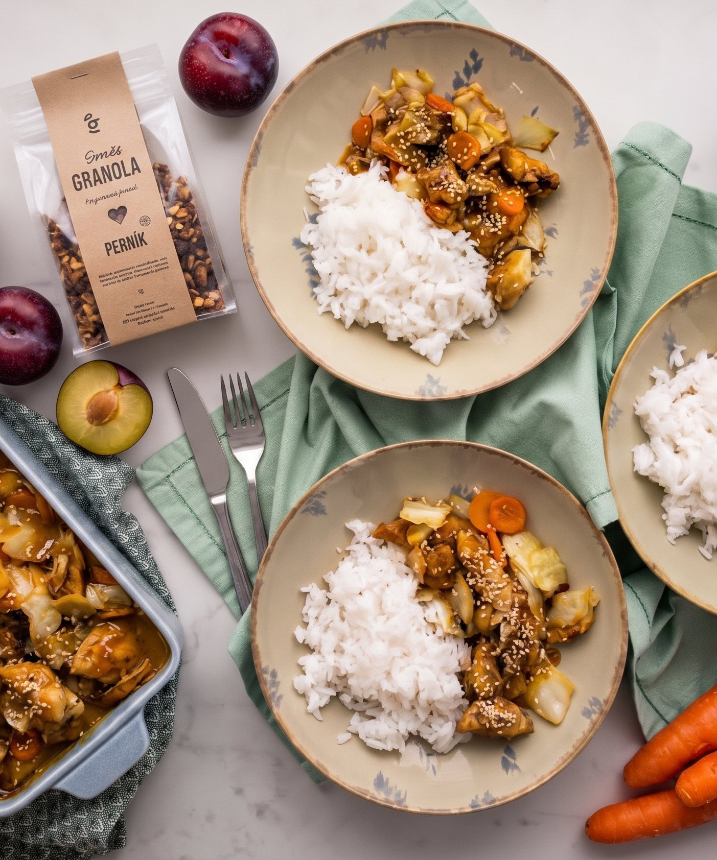 Sezamové miso kuřecí s rýží & perníková granola s medovým tvarohem a plumy