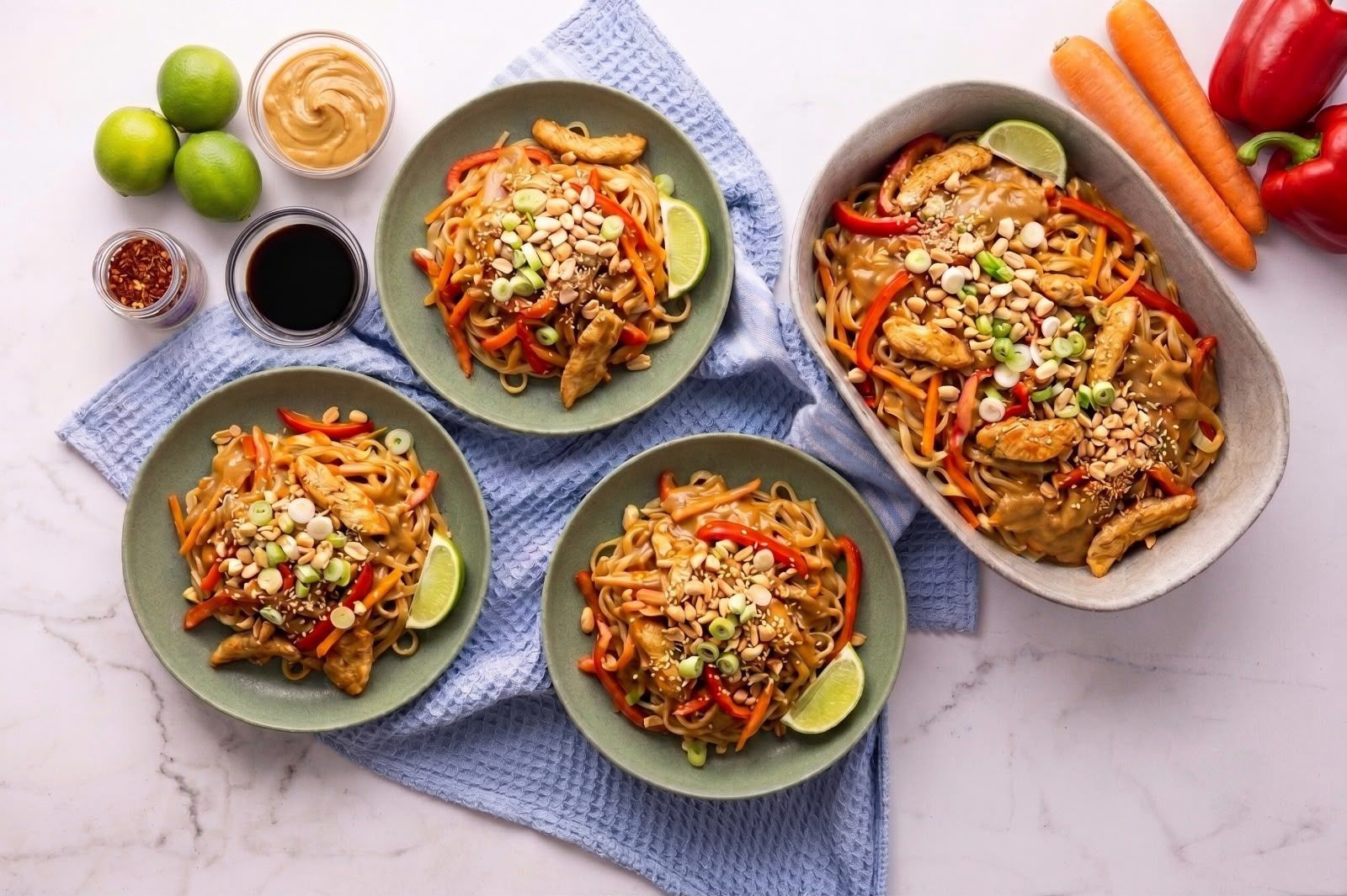 Thai Rice Noodles in Peanut Sauce with Chicken, Vegetables and Lime
