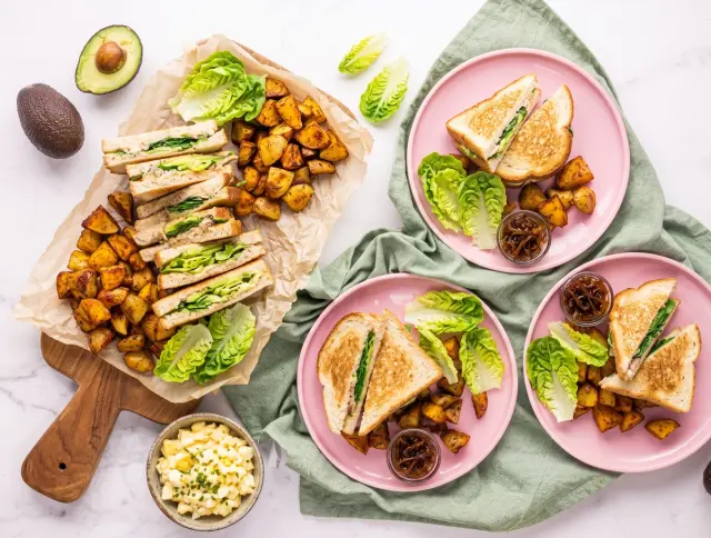 Avo Sandwiches with Egg Spread, Cheddar, Caramelized Onion, and Potatoes