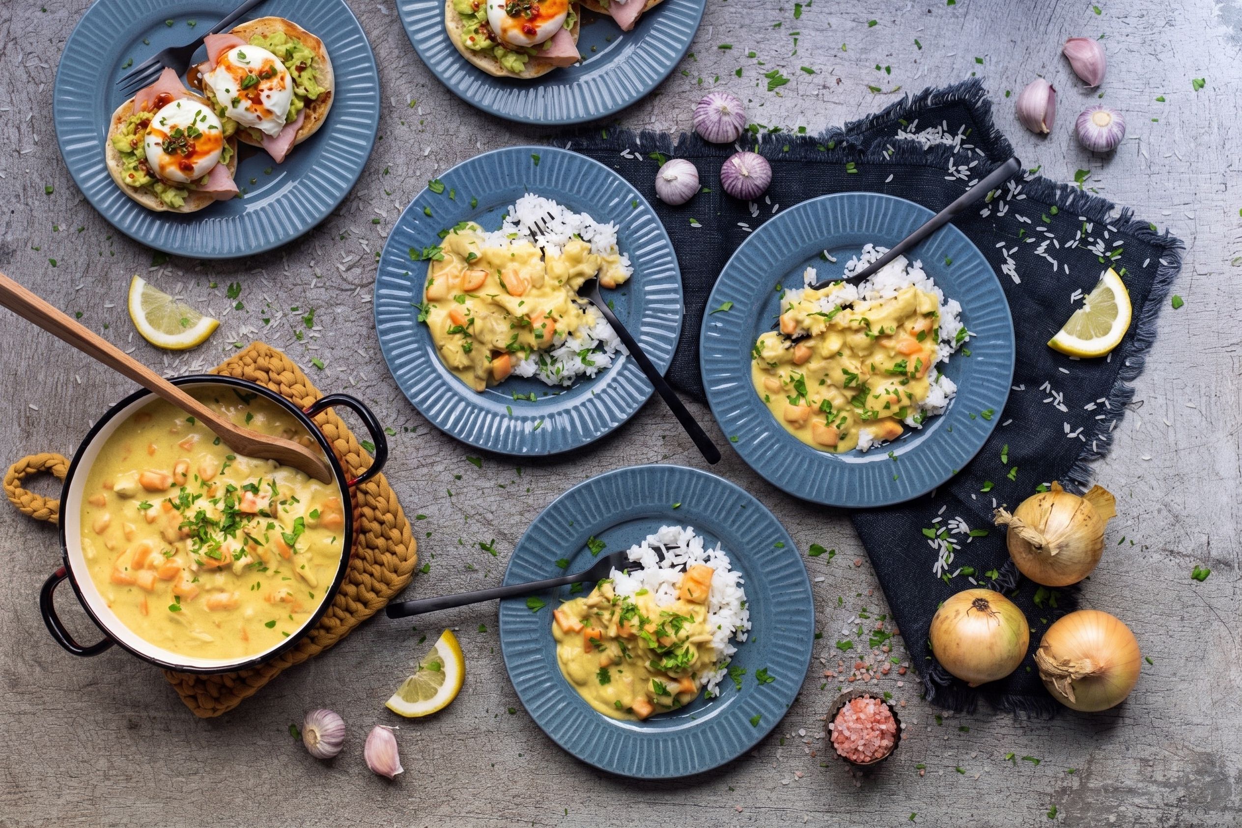 Chicken Curry with Carrots and Rice & Breakfast Muffins with Avocado, Ham and Poached Egg
