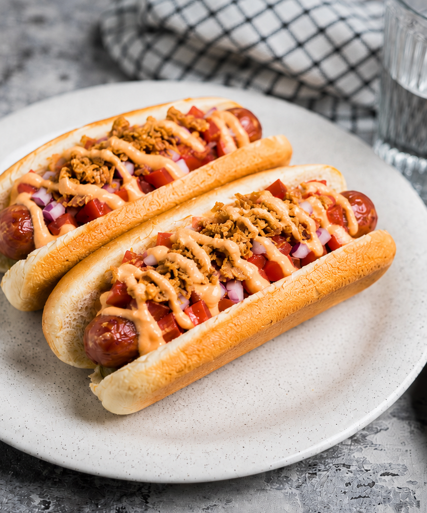 Kanalihast toorvorstiga hot dogid särtsaka tomatisalati ja krõbesibulaga