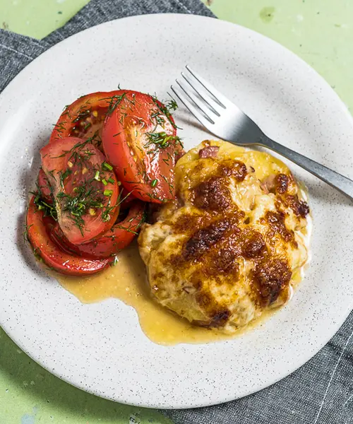 Boulangère Potatoes - Juicy Potato & Bacon Casserole with Simple Tomato Salad