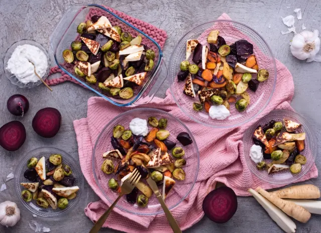 Roasted Root Vegetables with Halloumi and Creamy Garlic Dip