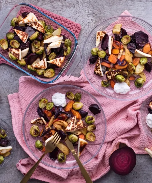 Roasted Root Vegetables with Halloumi and Creamy Garlic Dip