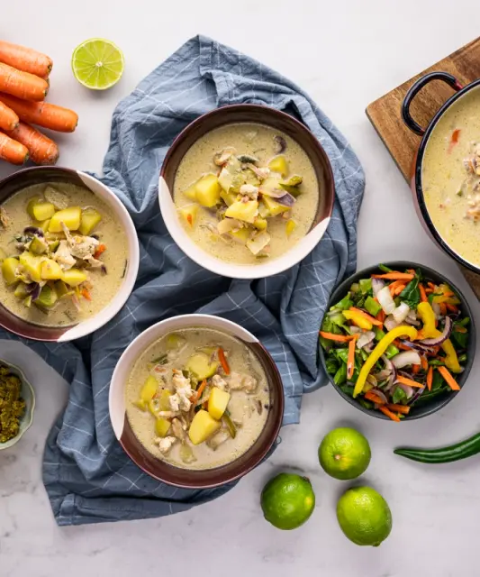 Spicy Thai Green Curry Soup with Chicken, Potatoes, and Wok Mix