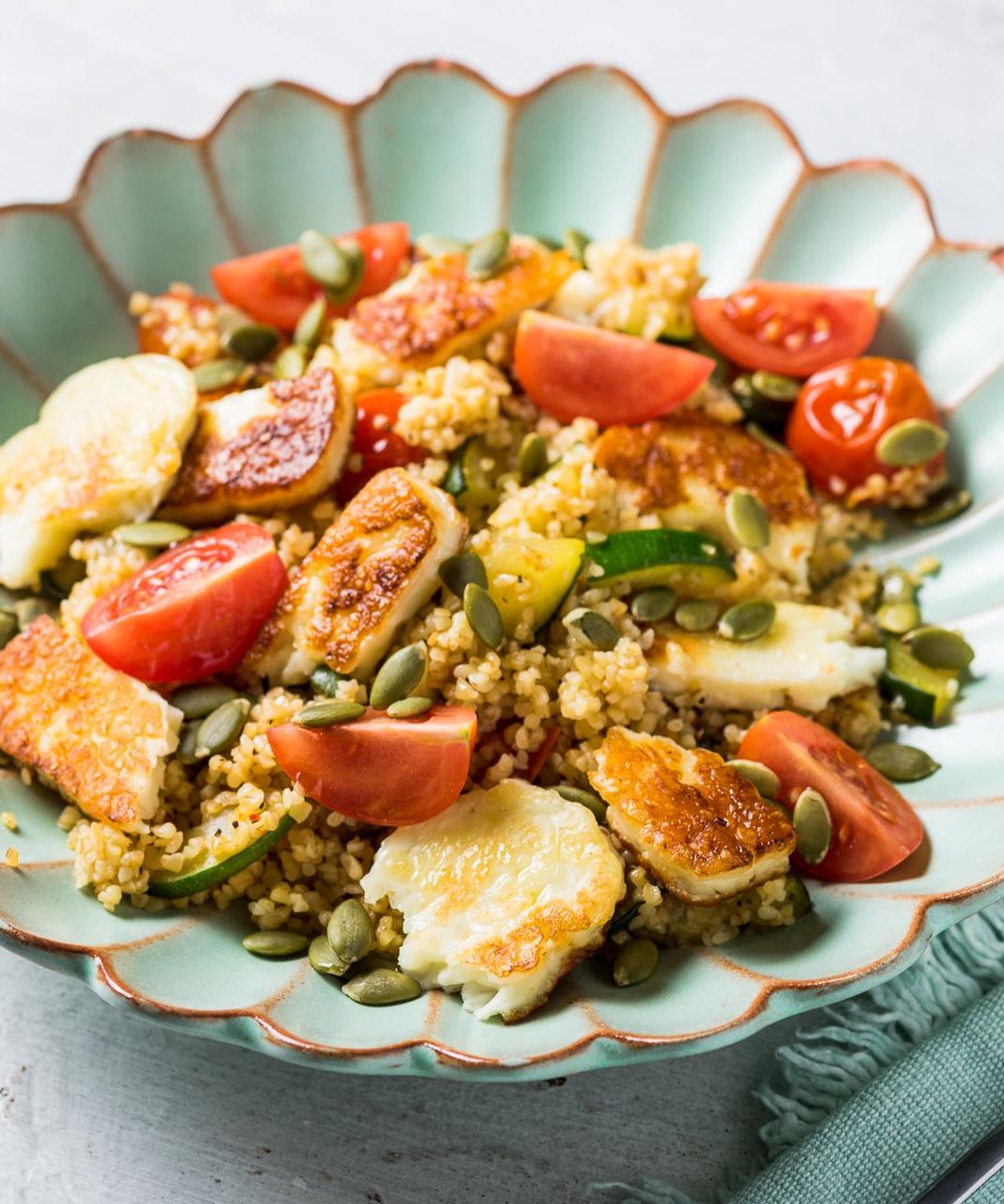 Warm Bulgur Salad with Grilled Cheese