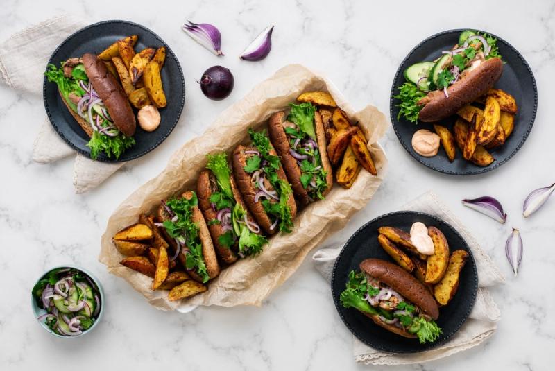 Pork Banh Mi Hot Dogs & Roasted Potato Wedges