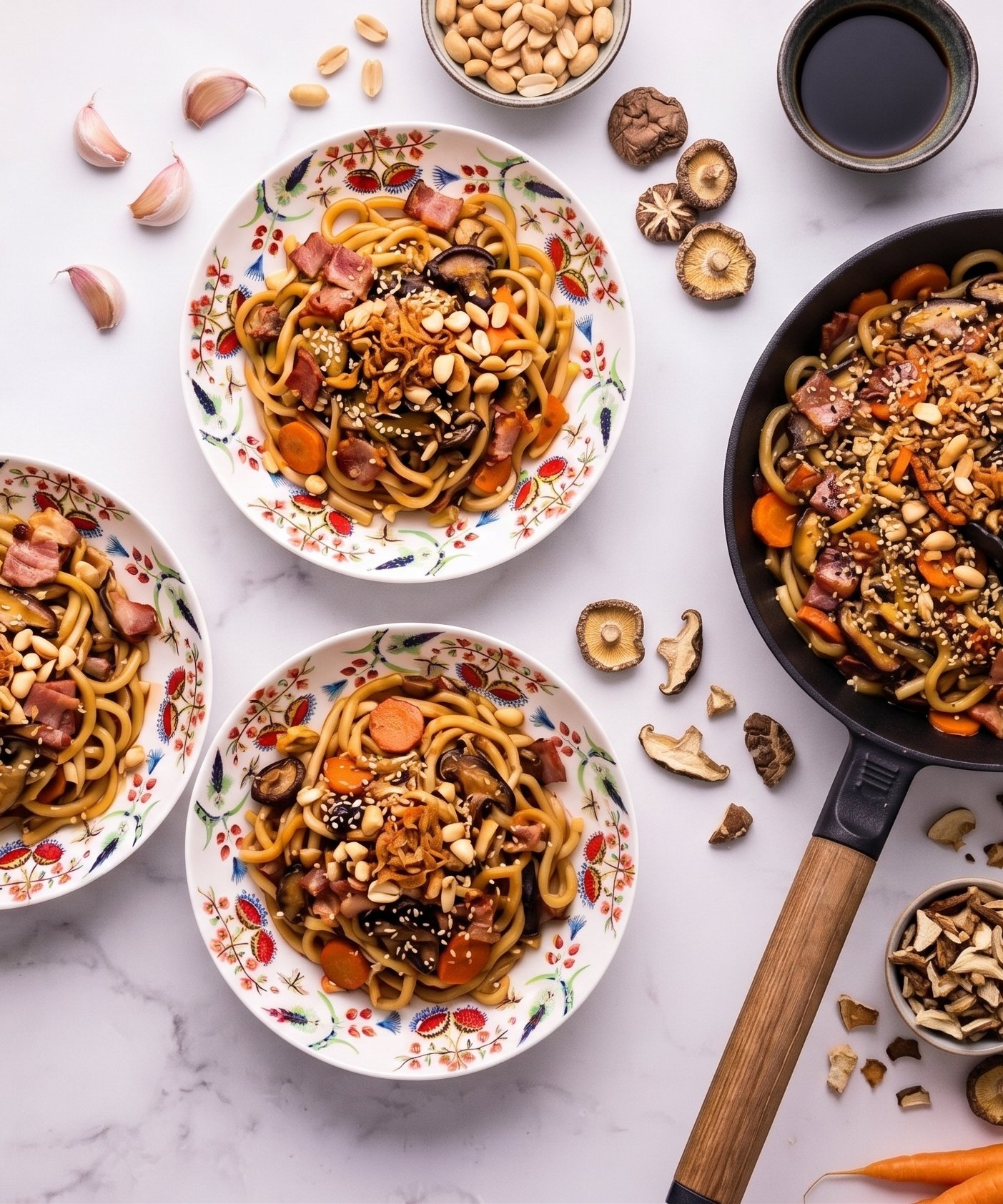 Teriyaki udon rezance so slaninou, zmesou húb a restovanou cibuľkou