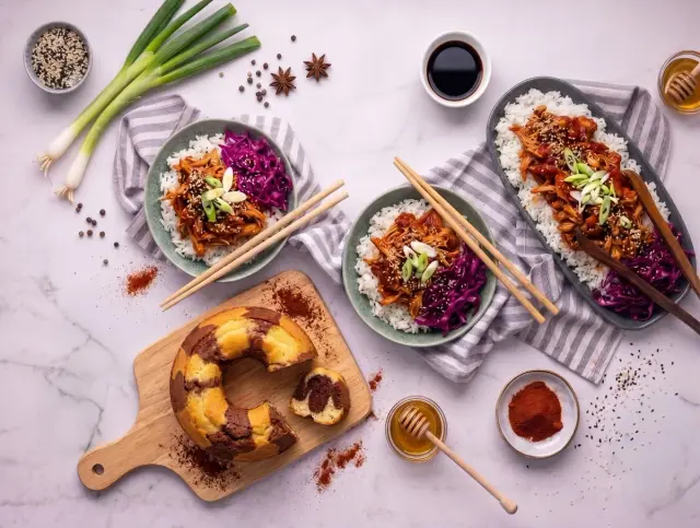 Honey Pulled Chicken with Rice, Marinated Cabbage and Sesame & Italian Bundt Cake