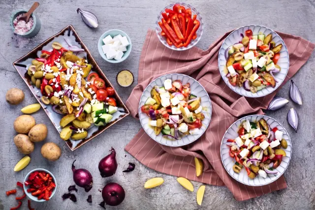 Greek Salad with Balkan Cheese and Roasted Potatoes