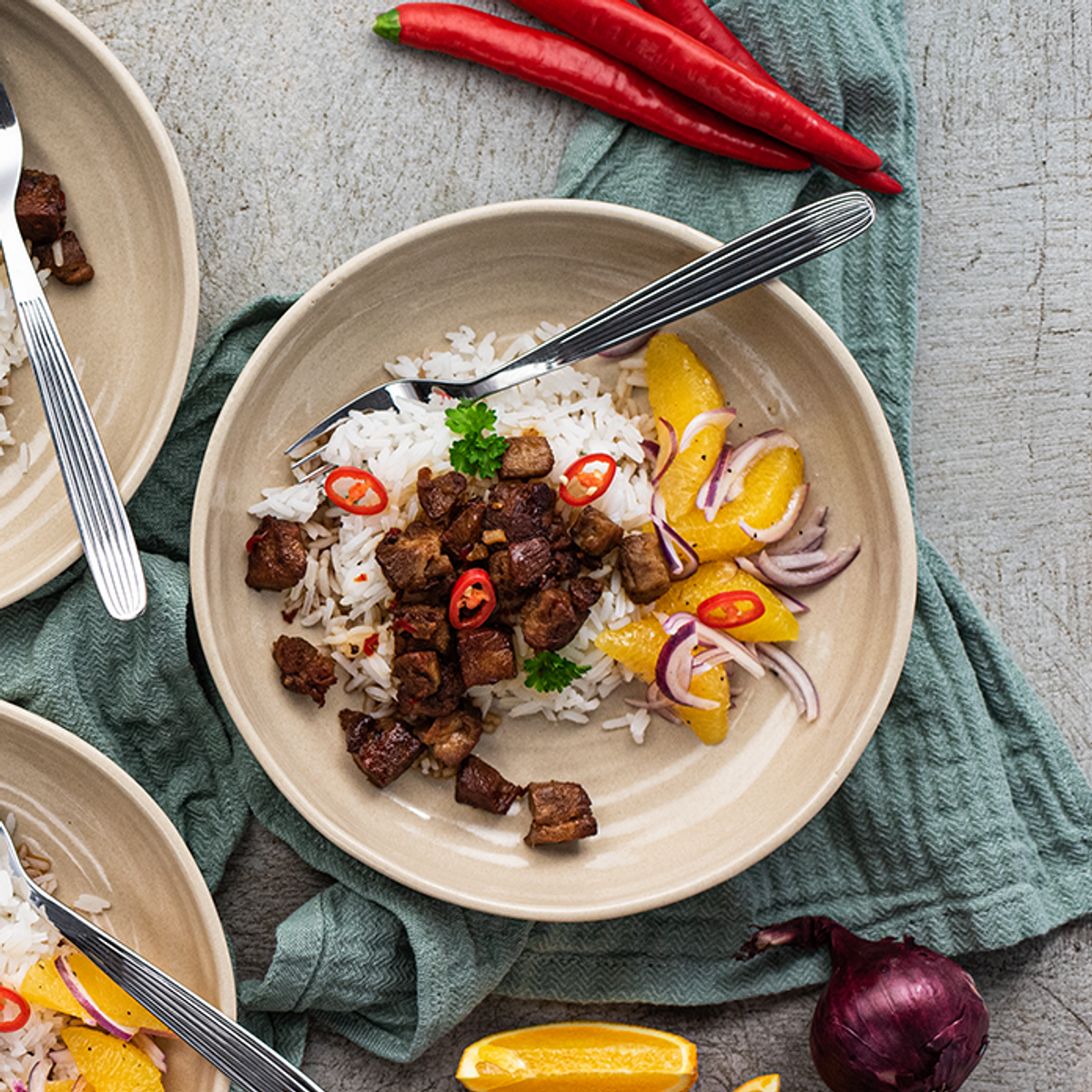 Spicy Caramel Pork with Jasmine Rice and Marinated Oranges | Yummy