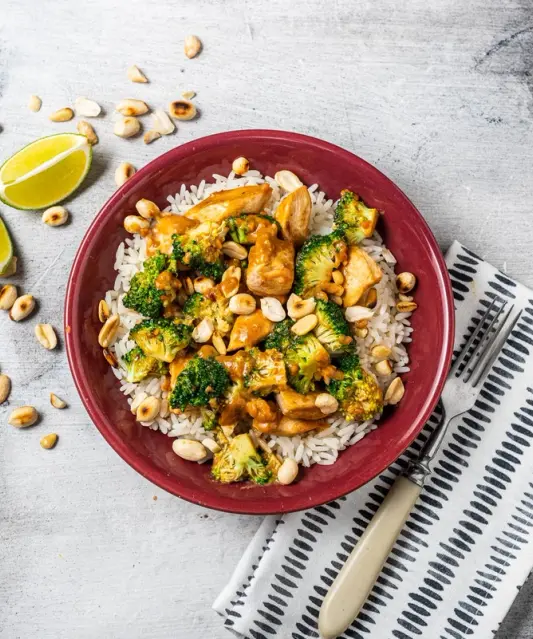Nutty Satay Chicken with Broccoli & Rice