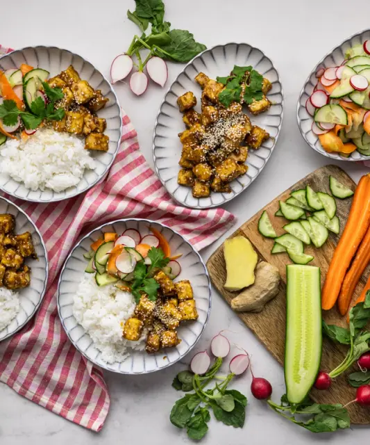 Teriyaki Tofu with Jasmine Rice, Marinated Vegetables and Sesame