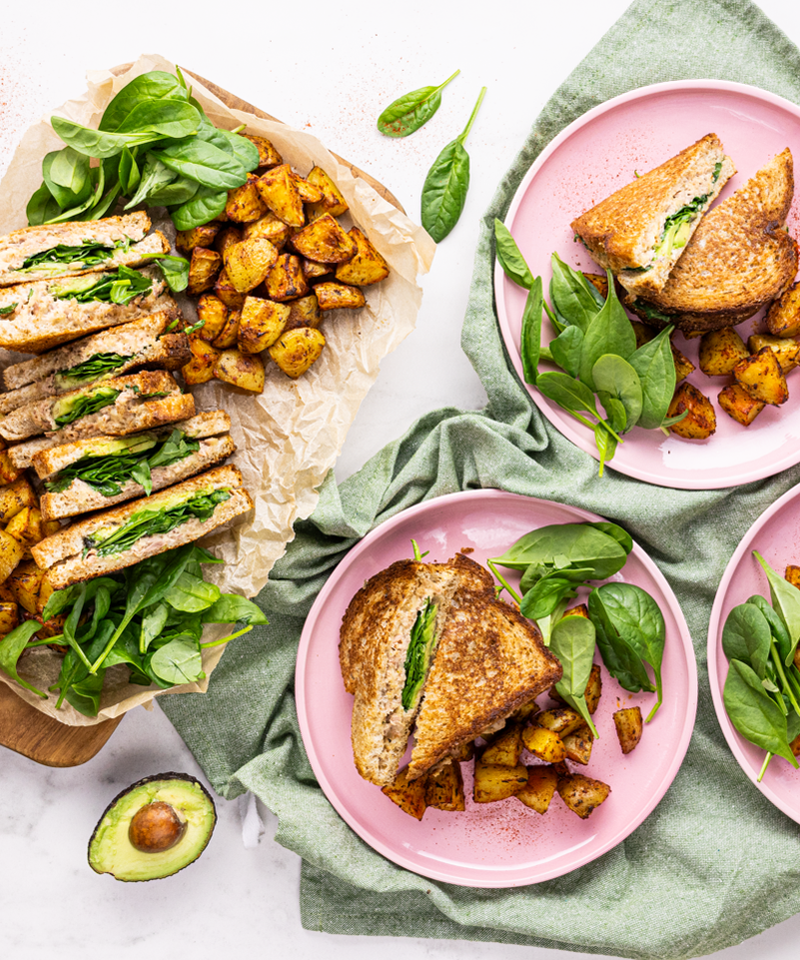 Avo Sandwiches with Chicken, Cheddar, Spinach, and Roasted Potatoes