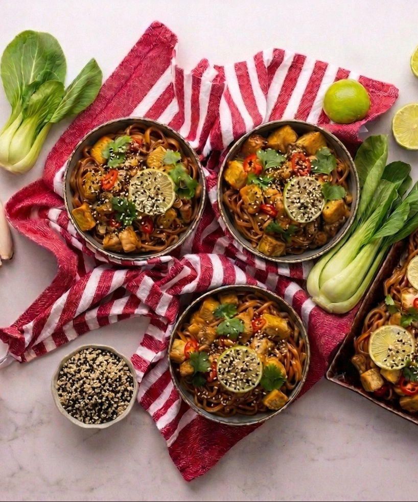 Rýžové nudle s kuřecím masem, stir-fry zeleninou a pad thai omáčkou