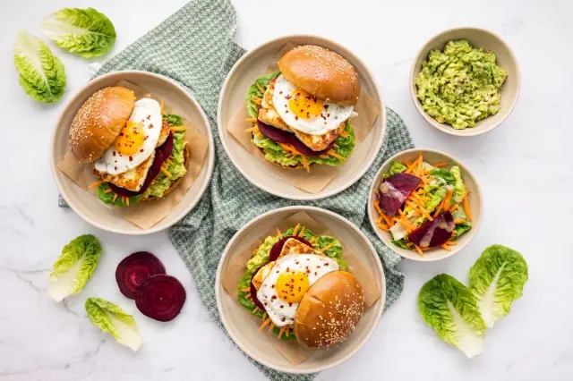 Halloumi Burger with Mashed Avocado, Beetroot, Fried Egg and Veggies