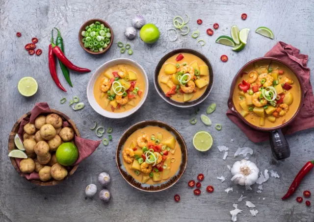 Coconut Panang Curry Soup with Shrimp, Potatoes and Vegetables