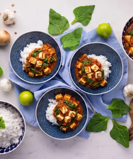 Tikka Masala s halloumi, špenátem a jasmínovou rýží