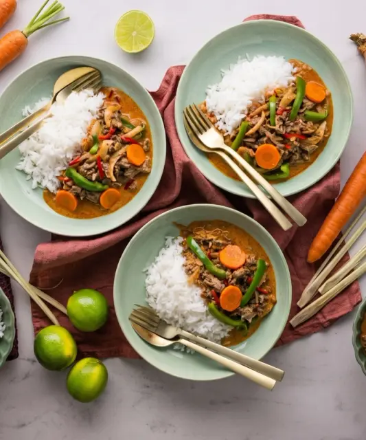 Ground Beef in Red Curry with Vegetables and Rice