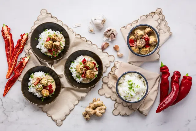 Indian Turkey Meatballs in Coconut Sauce with Basmati Rice
