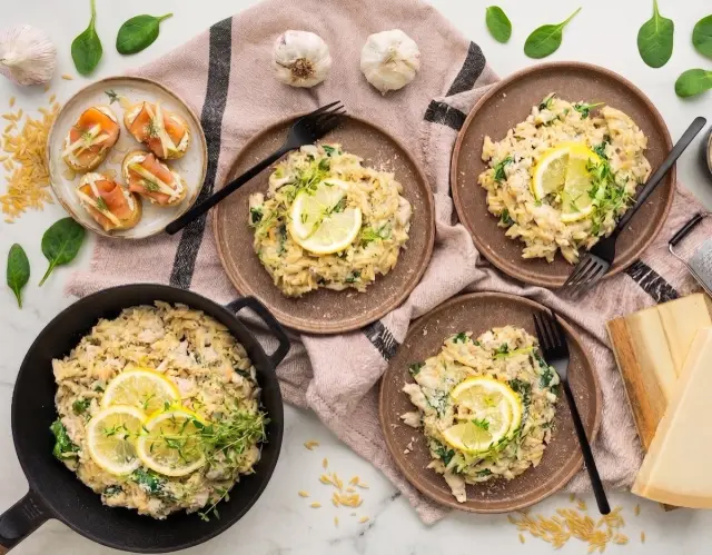 Parmesan Chicken Orzotto with Spinach & Canapés with Pork Loin Prosciutto, Goat Cheese and Pear