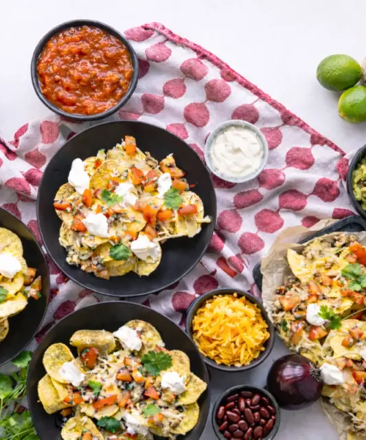 Baked Chicken Nachos with Guacamole, Salsa and Sour Cream
