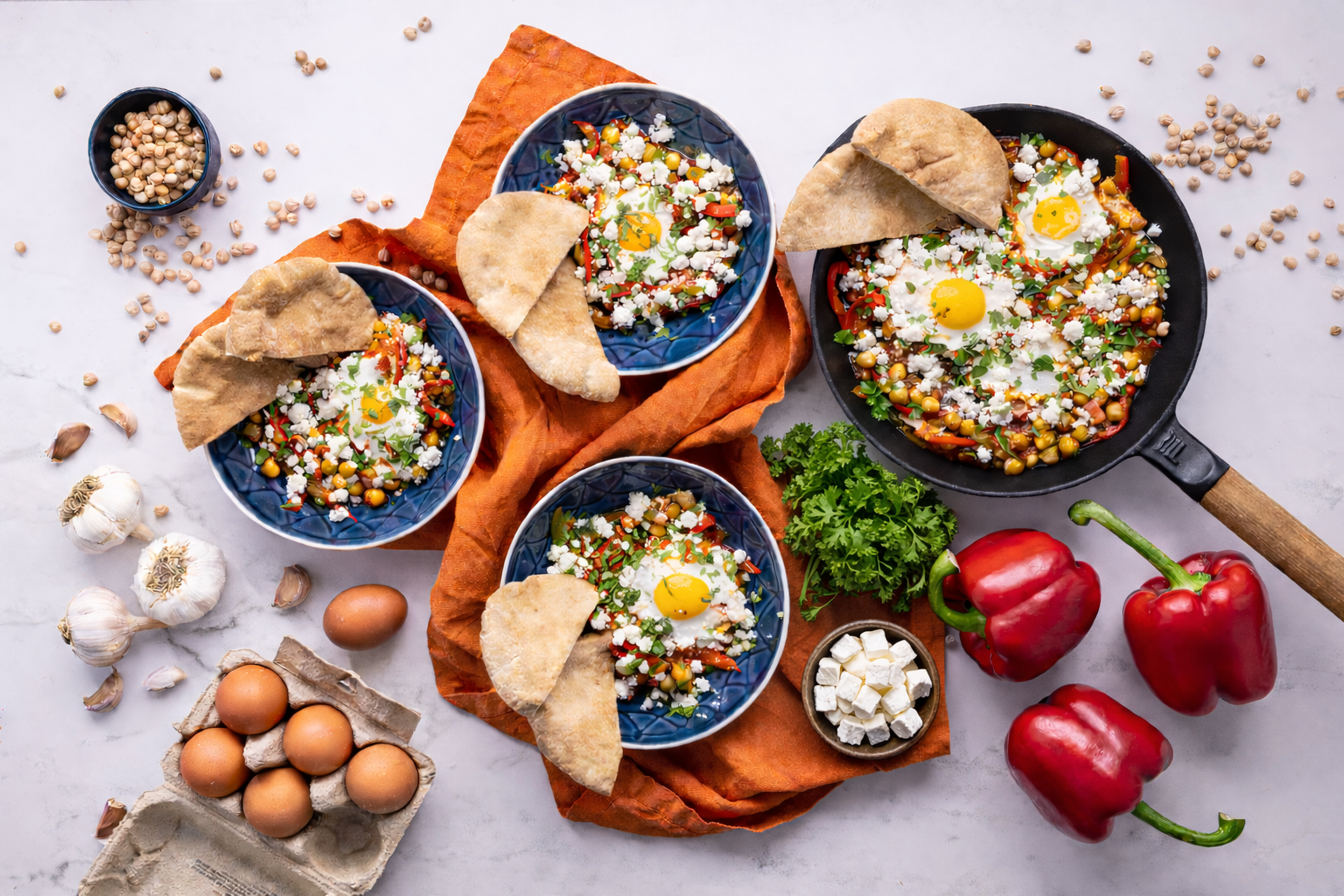 Shakshuka s vejci, cizrnou, balkánským sýrem a pitou