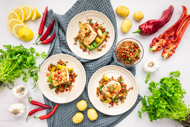 Pannulla paistettua kirjolohta, chimichurria & paahdettuja perunoita